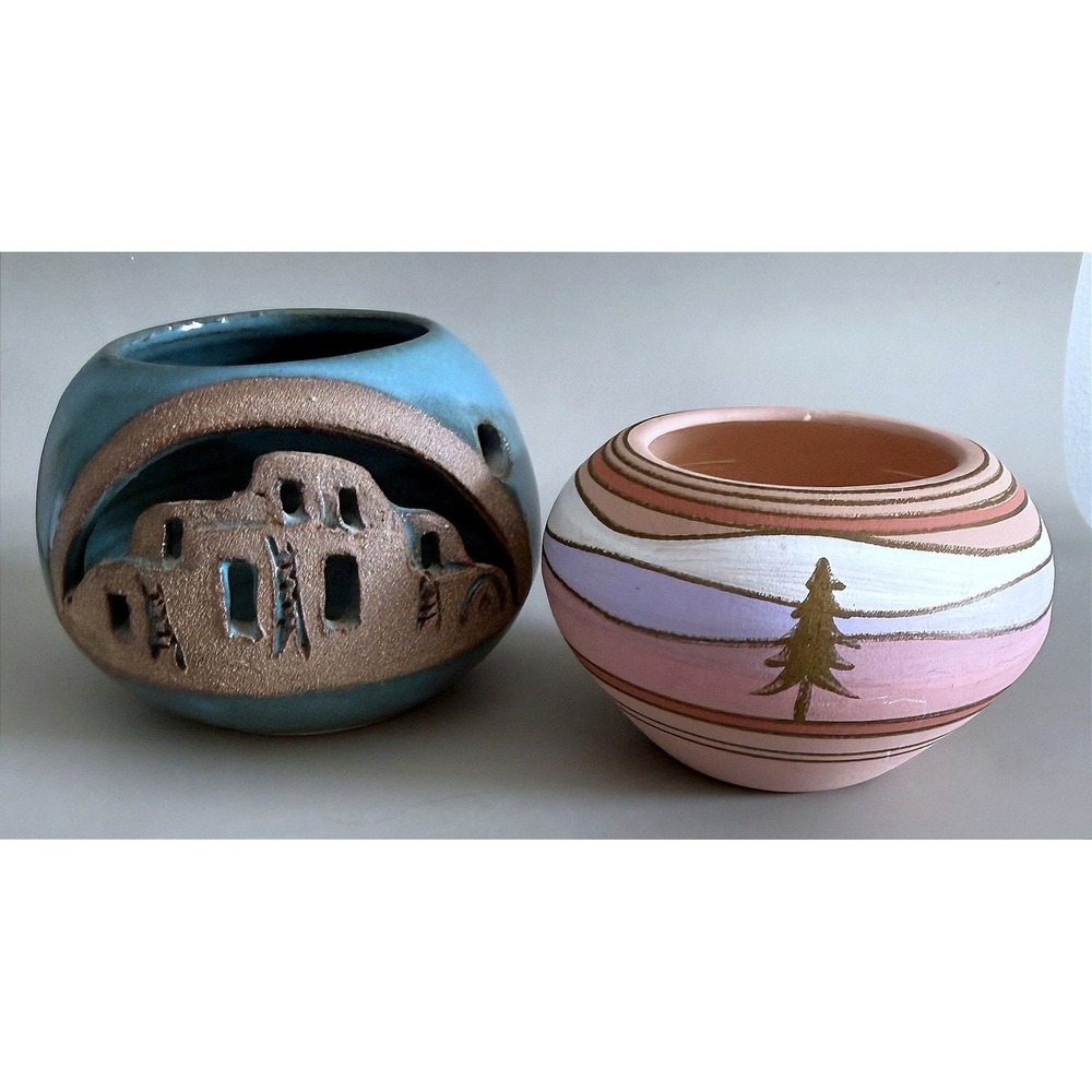 2 Vintage Southwest Handcrafted Painted Clay Pots Estate Lot 1980s-90s Signed